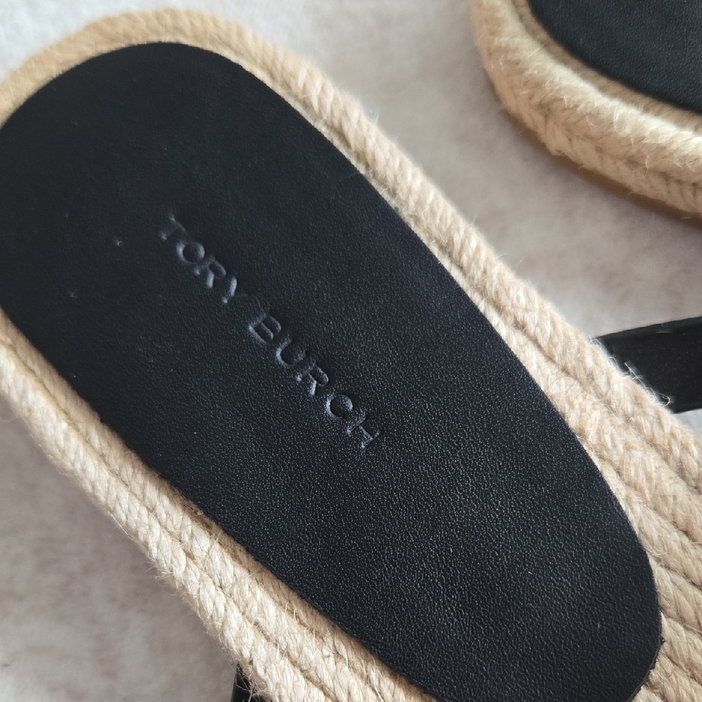 Tory Burch Black Patent Miller Espadrille-Style Slide Sandals - Picture 2 of 4